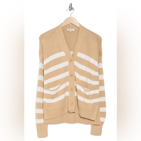 Madewell Sweaters - Madewell tan and white Stripe Sharon V-Neck Emmett Cardigan size small